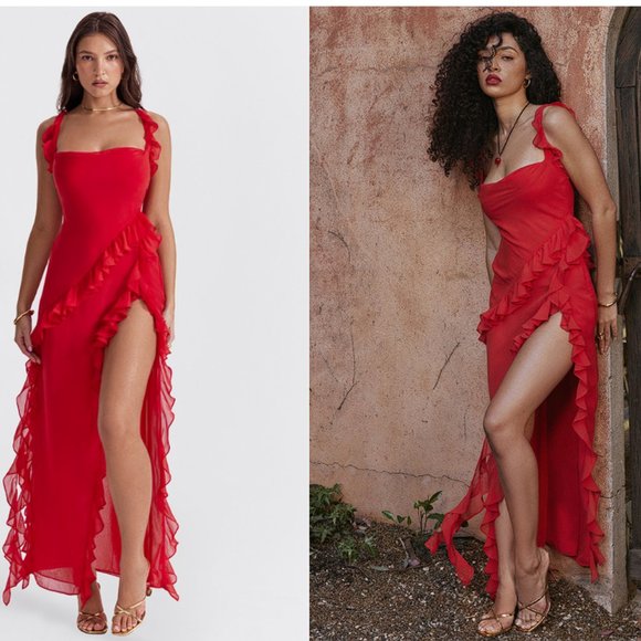 HOUSE OF CB 'Ariela' Cherry Ruffle Maxi Dress NWOT